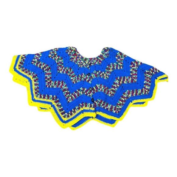 Handmade Crochet Knit Zigzag Poncho Button Closure Blue Yellow & Design Vintage - Picture 1 of 5